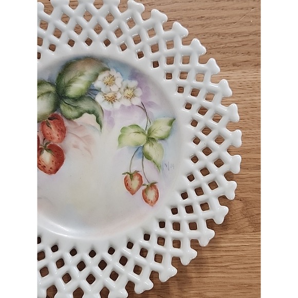 Antq Vtg Lefton Reticulated Floral Lattice Plate Hand Painted Spring Strawberry - Picture 4 of 10